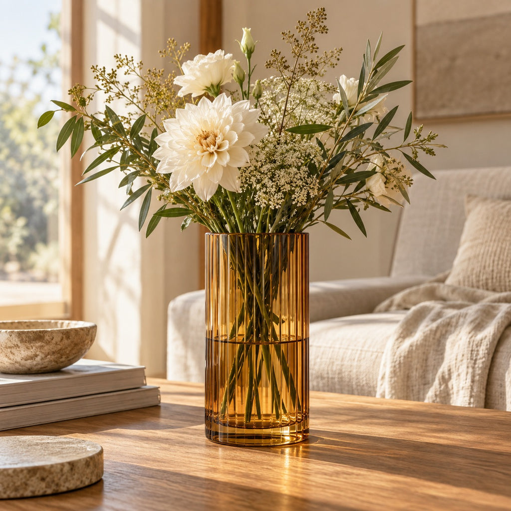qorxdy Amber Fluted Glass Vase — scene view