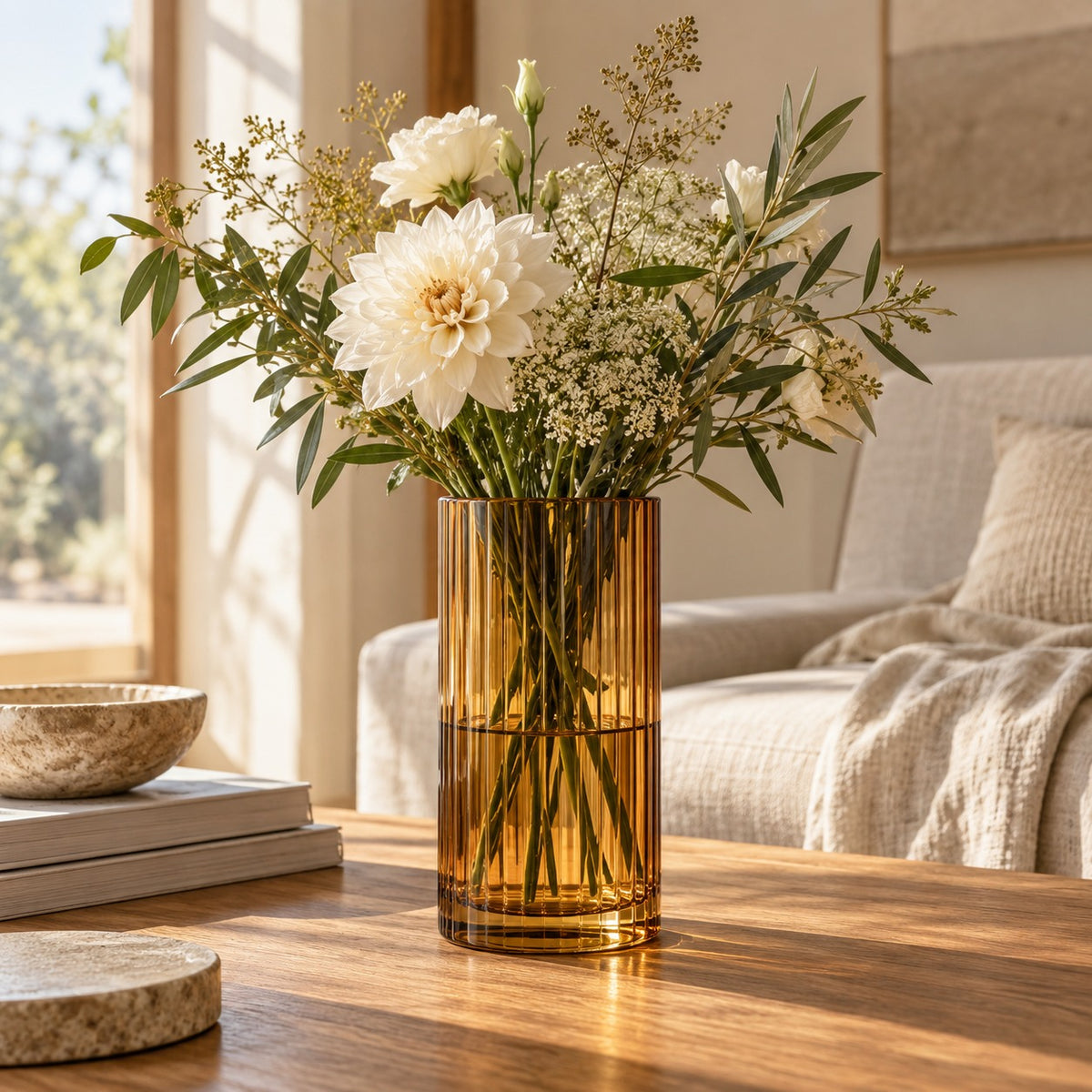 qorxdy Amber Fluted Glass Vase — scene view